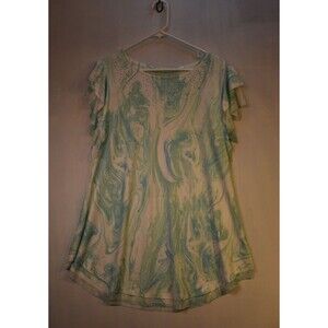 Indigo Soul Tunic Top Women’s Large L Blue Green White swirl Bling Stretch